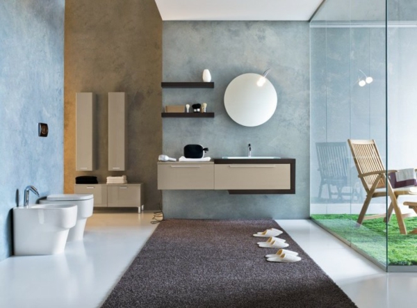 luxuriösiches-badezimmer mit einem brauen teppich