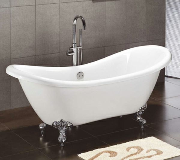luxus-badezimmer-weiße-badewanne -graue fliesen