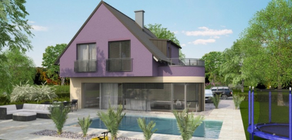 modernes-familienhaus-lila-farbe- mit einem pool