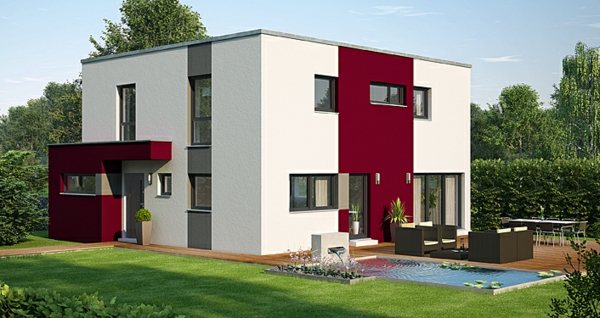 modernes-familienhaus-weiß-und-rot- schöne naturumgebung