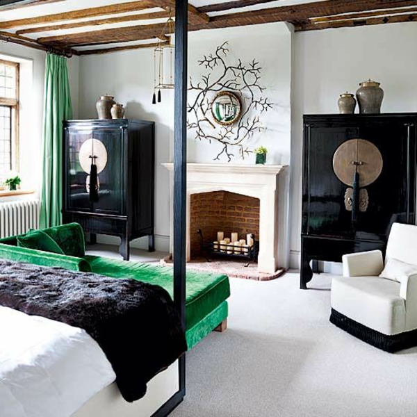 grüne weiße schwarze und braune farbe kombinieren - asiatisches schlafzimmer gestalten