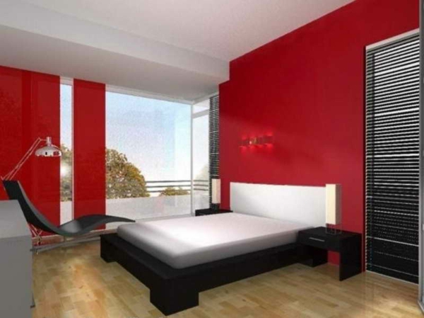 schlafzimmer mit einem weißen bett und rote wände
