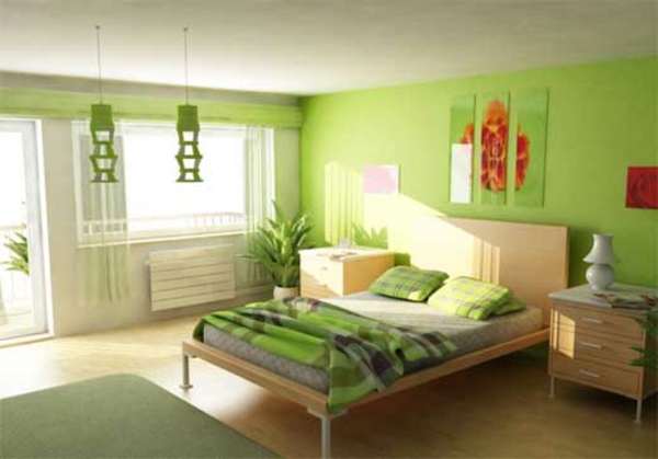zimmer-streichen-ideen-schlafzimmer-mit-grüner-wandfarbe und pflanzen