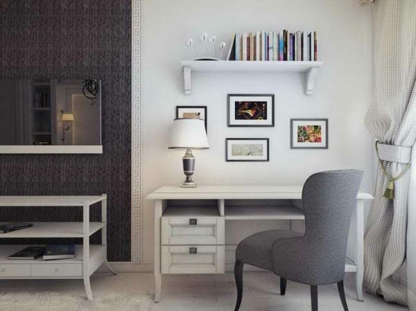 büromöbel-ikea-grauer-stuhl- bücherregal und weiße dicke gardinen