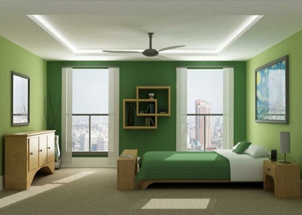 farbgestaltung-schlafzimmer-grüne-wände-schönes-bett - bilder an der wand