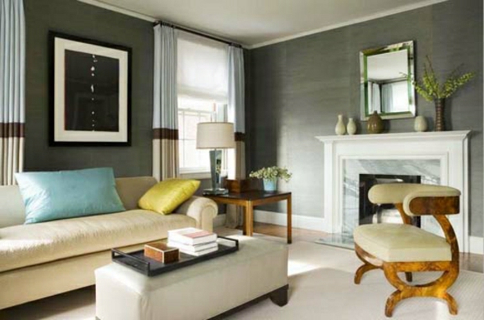 farbgestaltung-wände-kamin-sofa-bild-an-der-wand-graue-wandfarbe-im-wohnzimmer