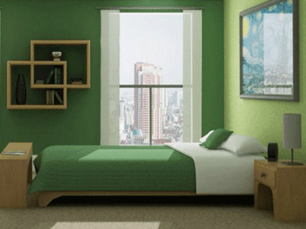 grüne-wandfarbe-fürs-schlafzimmer- originelle regale an der wand und modernes bett