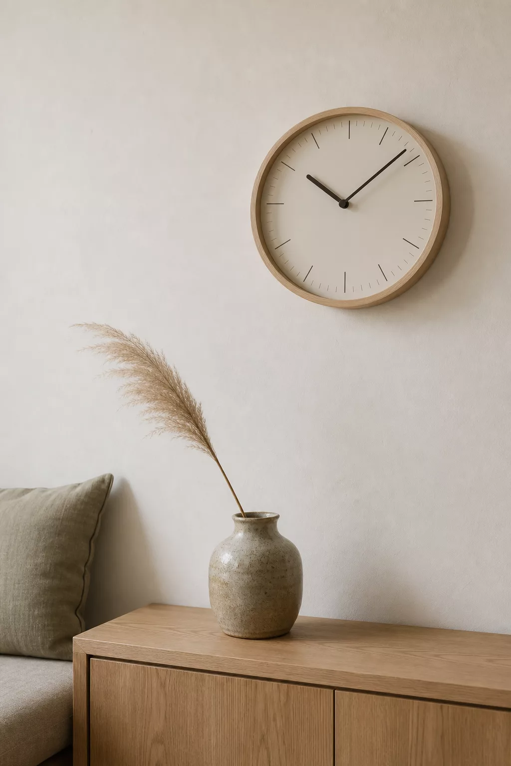Wanduhr aus hellem Holz in japandi-inspirierter Wohnzimmerecke