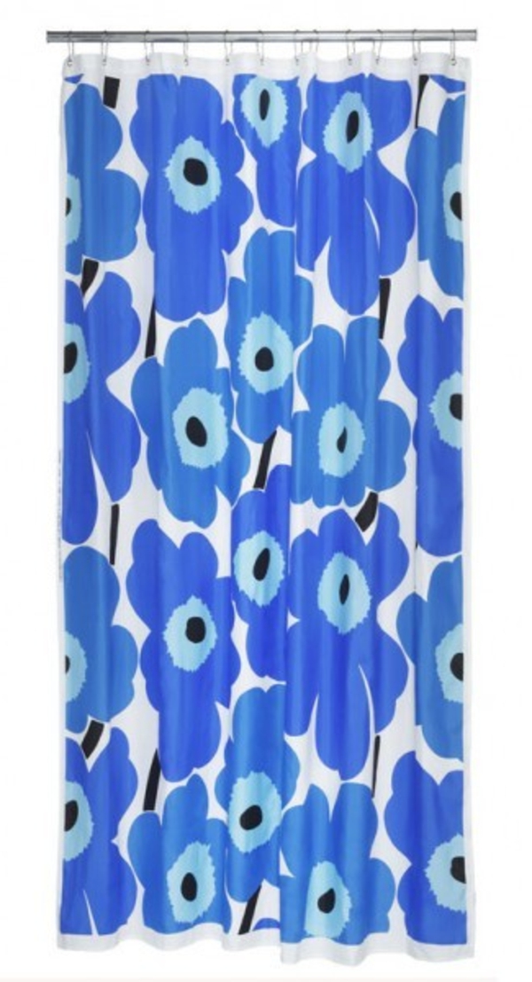 marimekko-online-shop-blaue-gardinen-für-badezimmer - hintergrund in weiß