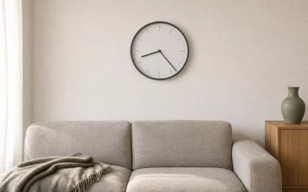 Moderne Wanduhr über dem Sofa in hellem, minimalistischem Wohnzimmer