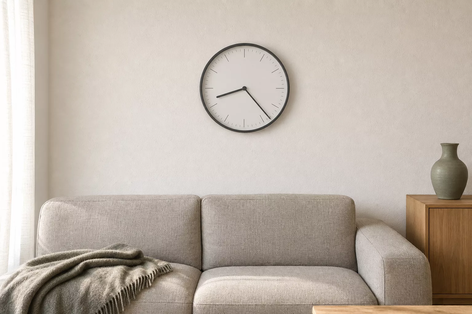 Moderne Wanduhr über dem Sofa in hellem, minimalistischem Wohnzimmer