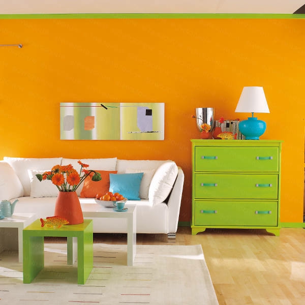 schöner-wohnen-farben-wohnzimmer-mit-oranger-wand-und-grünem-schrank -lustig