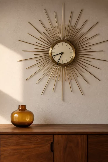 Sunburst-Wanduhr in Messing-Optik im Mid-Century-Stil