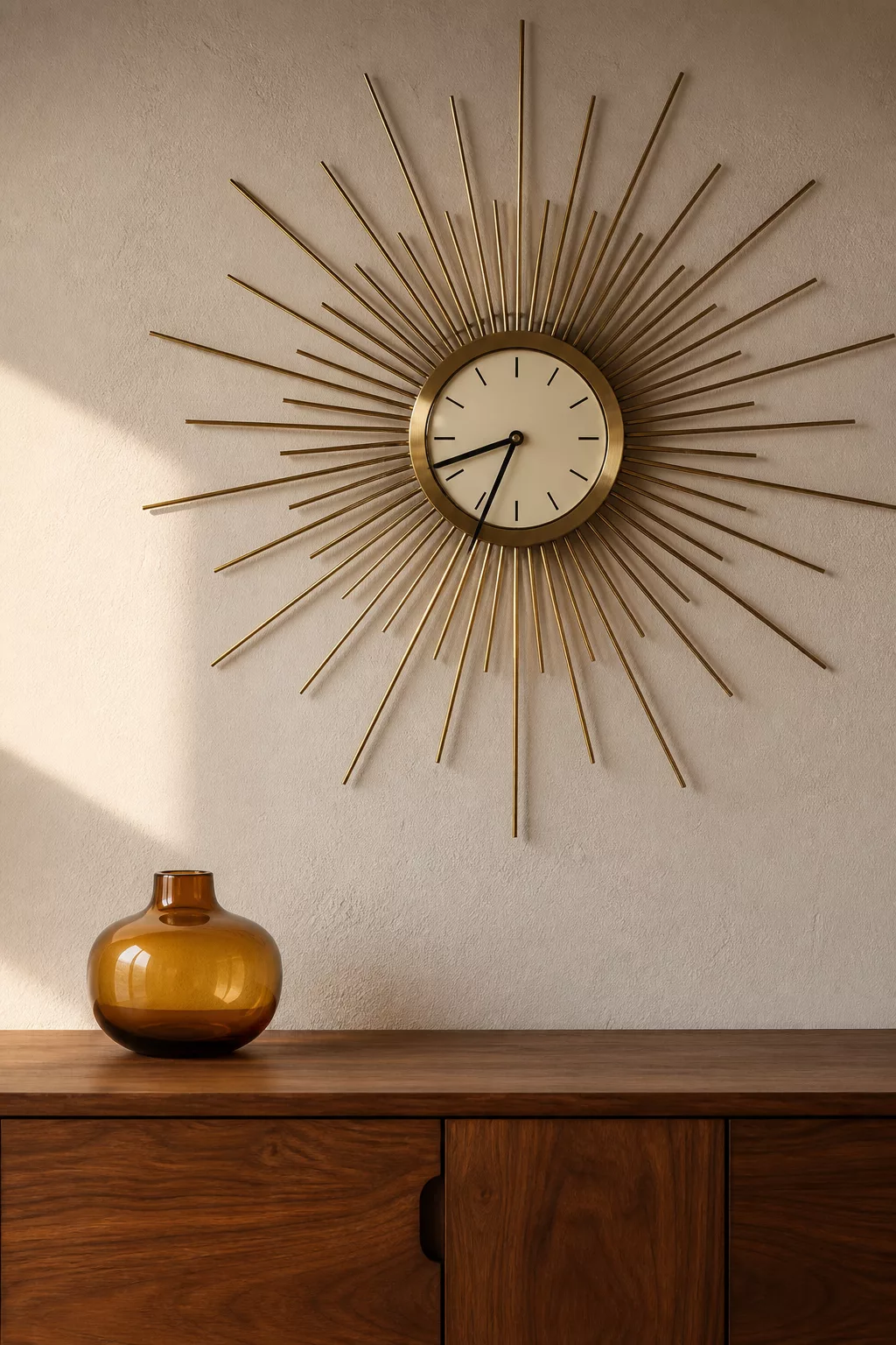 Sunburst-Wanduhr in Messing-Optik im Mid-Century-Stil