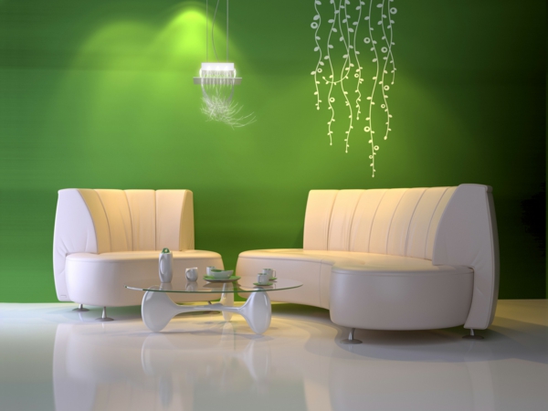 wandfarbe-ideen-grüntöne-weiße-möbel - moderne beleuchtung