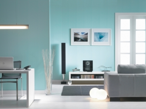 wandfarben-lagune-wohnzimmer-modern - graues sofa