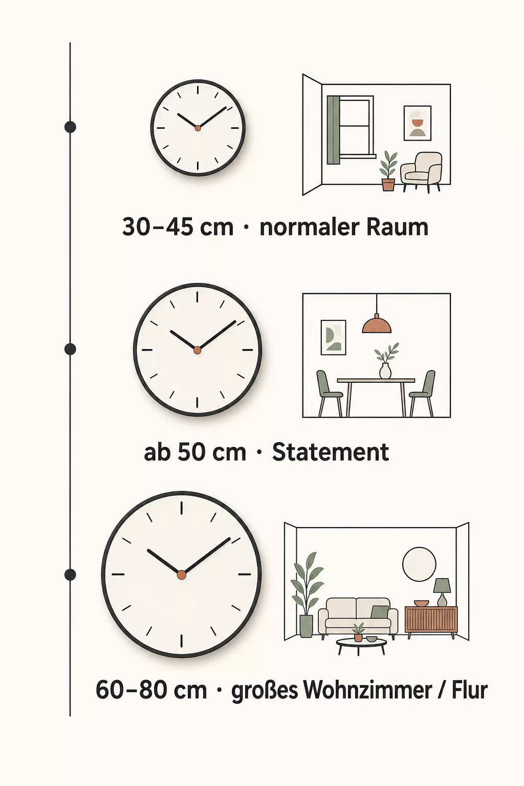 Infografik zur passenden Wanduhr-Größe je nach Raum- und Wandfläche