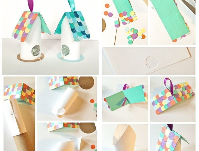 collage diy anleitung vogelhäuschen aus papierhülse basteln schritt für schritt