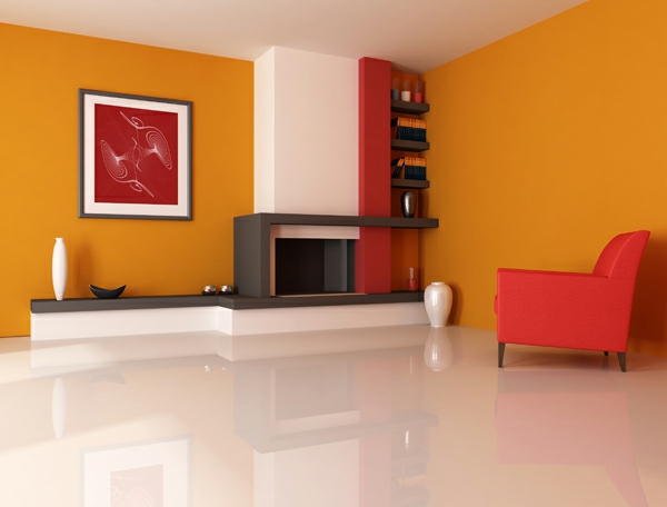 Modern fireplace ina orange living room with picture art