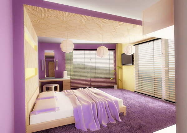 elegantes-lila-schlafzimmer-bett-große-fenster-originelle lüster