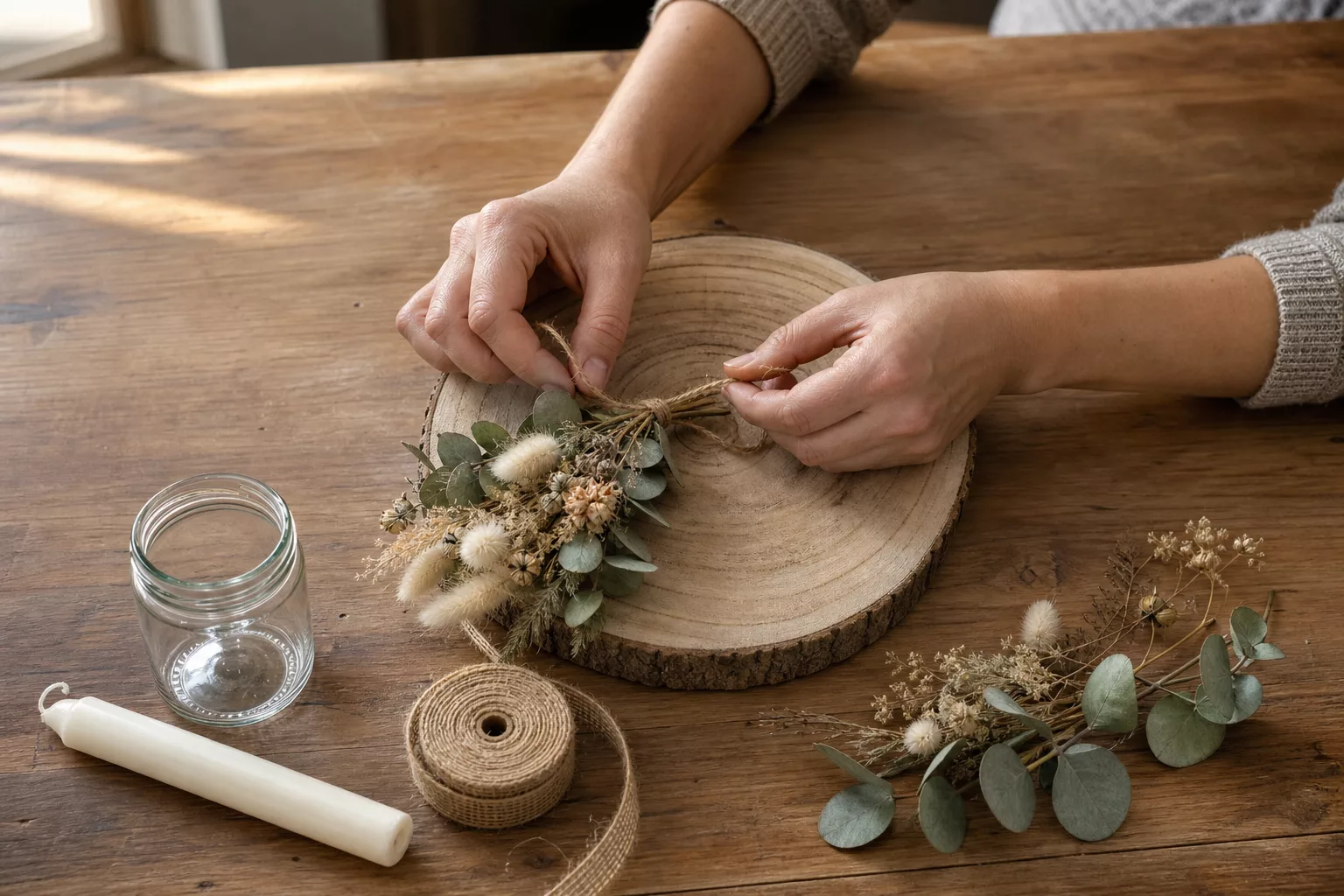 Hände binden Trockenblumen auf eine Holzscheibe als Tischdeko-Idee