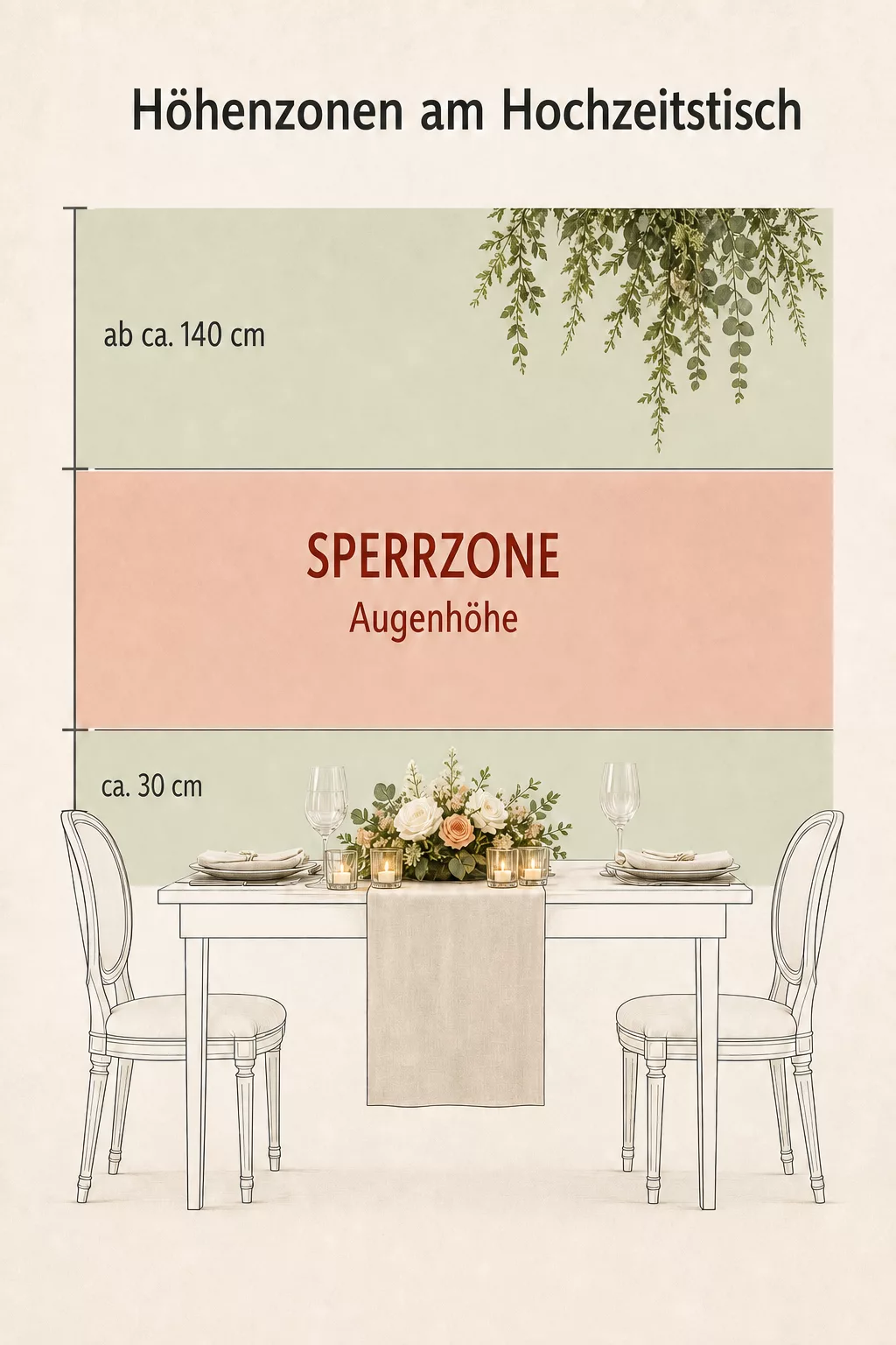 Infografik zeigt Höhenzonen für Hochzeitsdeko auf dem Tisch