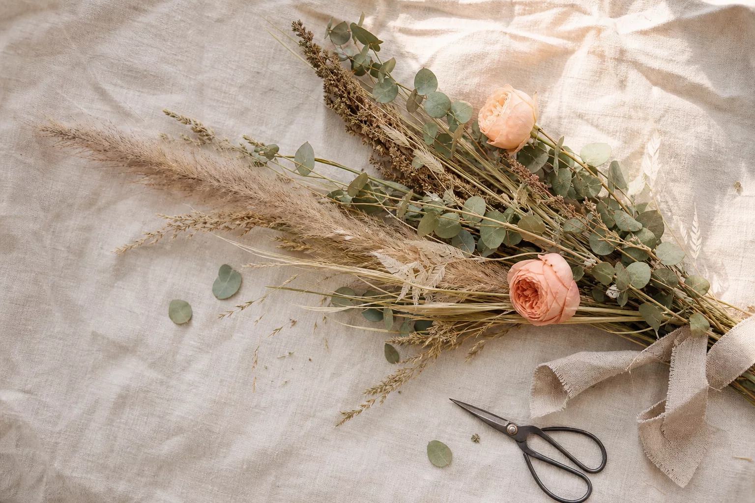 Trockengräser, Pampas und Pastell-Pfirsich-Blüte als Tischdeko-Detail von oben