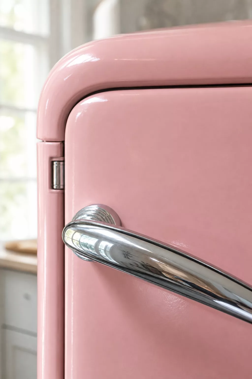 Chromgriff und abgerundete Kante an einem rosa Retro-Kühlschrank