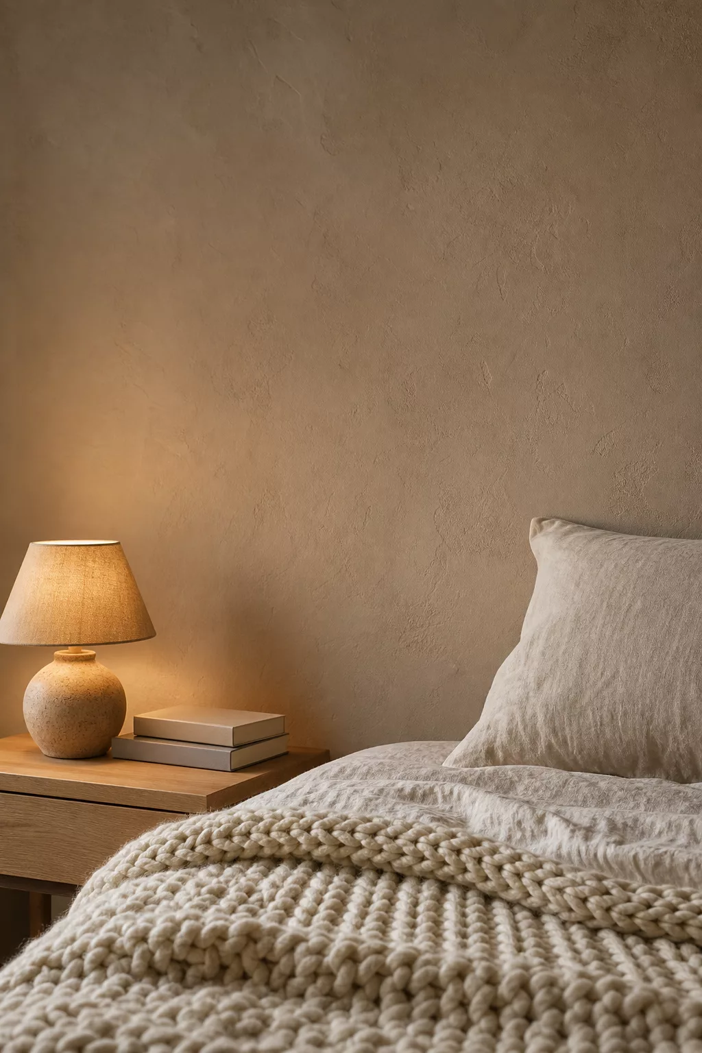 Ruhiges Schlafzimmer mit Latte-Macchiato-Wand und Grobstrickdecke