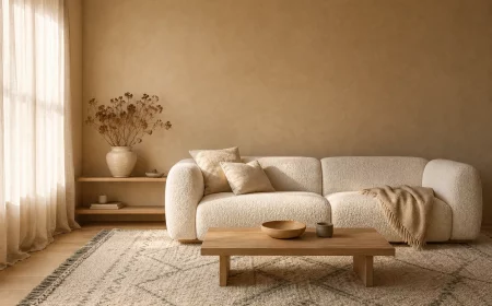 Wohnzimmer mit Wandfarbe Latte Macchiato und warmen Naturtexturen