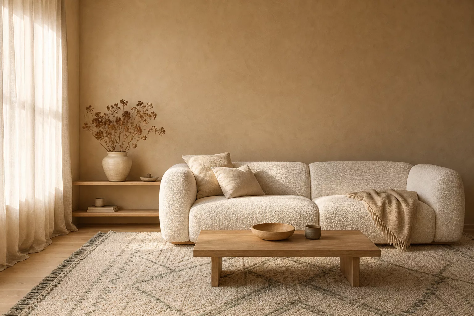 Wohnzimmer mit Wandfarbe Latte Macchiato und warmen Naturtexturen