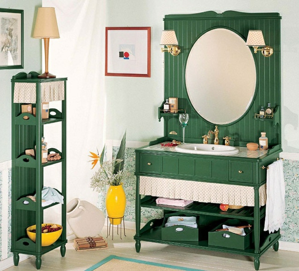 nostalgie-waschbecken-und-spiegel-grüne-farbe-viele regale