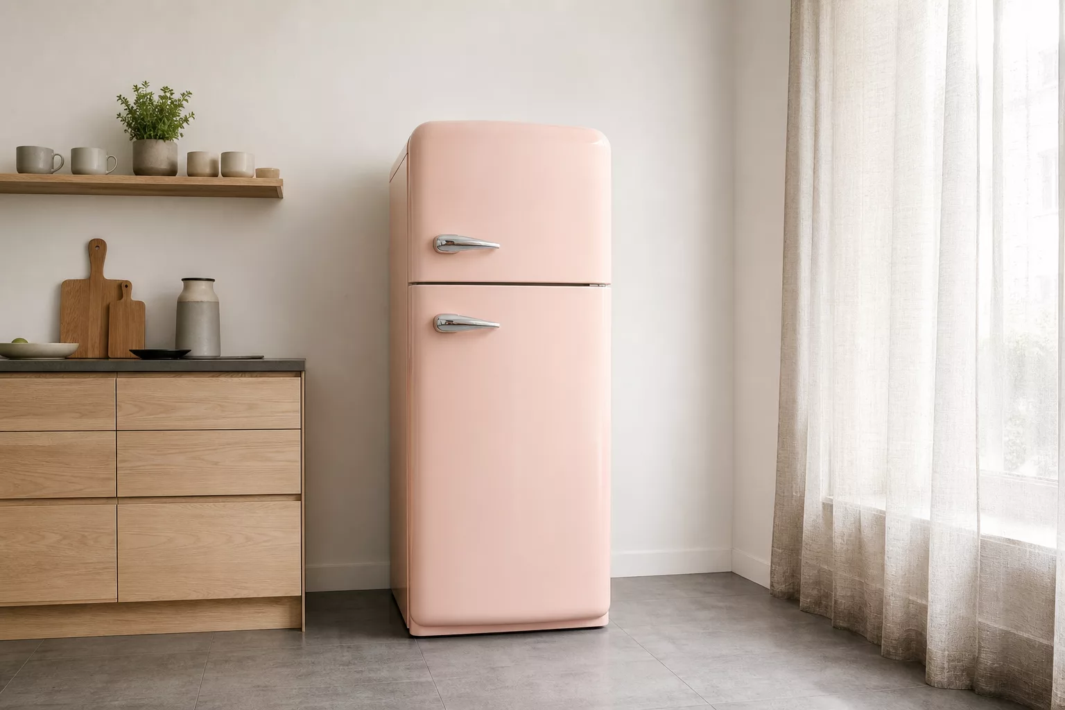 Rosa Kühlschrank in zartem Pastellton in einer hellen, skandinavisch anmutenden Küche