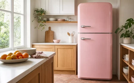 Rosa Kühlschrank im Retro-Stil als Blickfang in heller, moderner Küche