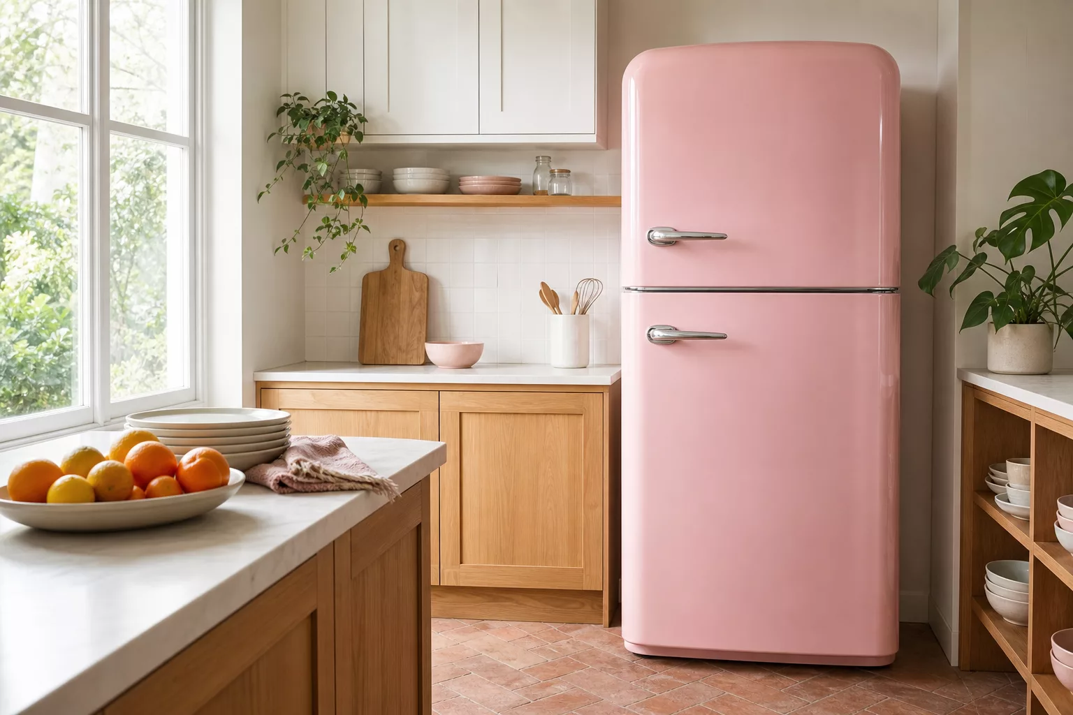Rosa Kühlschrank im Retro-Stil als Blickfang in heller, moderner Küche