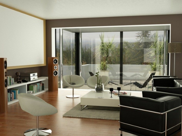 sehr-kreative-wohnzimmereinrichtung-beispiele-gläserne wand und weißer nesttisch