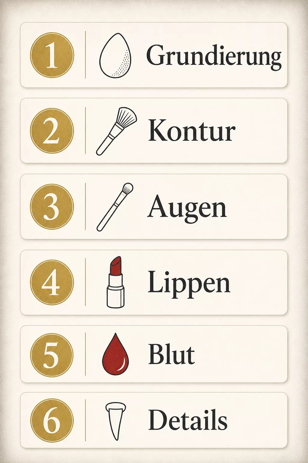 Schritt für Schritt Grafik: Grundierung, Kontur, Augen, Lippen, Blut, Details