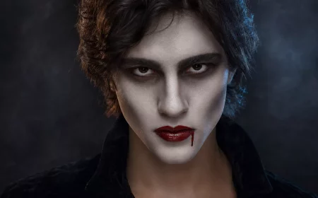 Vampirgesicht schminken: bleiche Haut, dunkle Augen, blutrote Lippen mit Blutstropfen