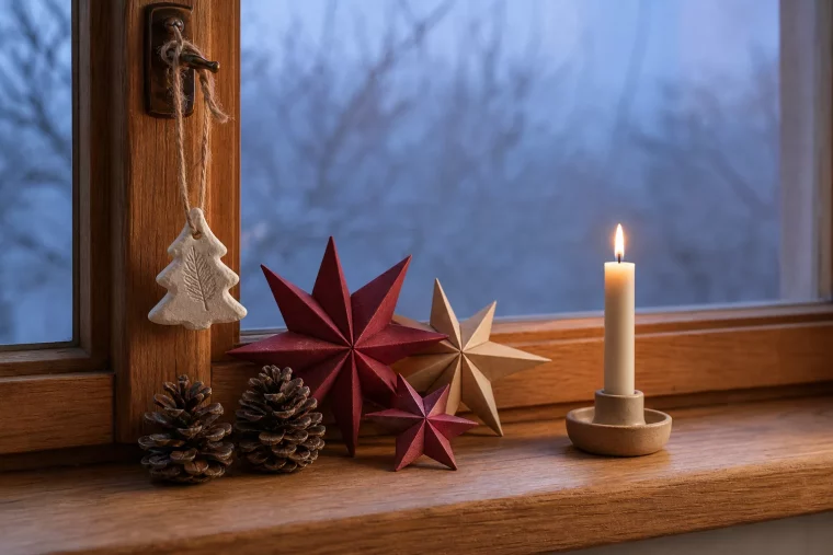 Weihnachtsbastelideen für den Advent: handgemachte Deko auf der Fensterbank