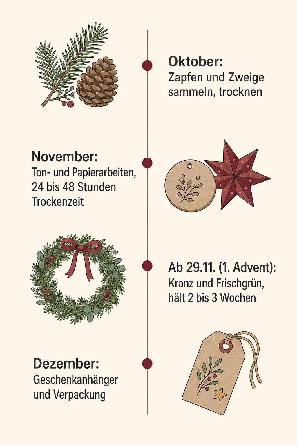 Bastelkalender als Zeitstrahl von Oktober bis Dezember mit Trockenzeiten
