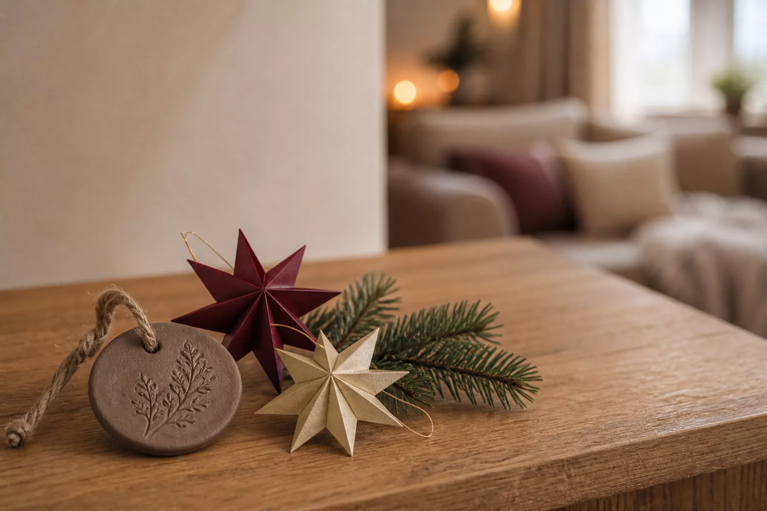 Fertige Weihnachtsanhänger in Burgunder, Mocha und Tannengrün drapiert