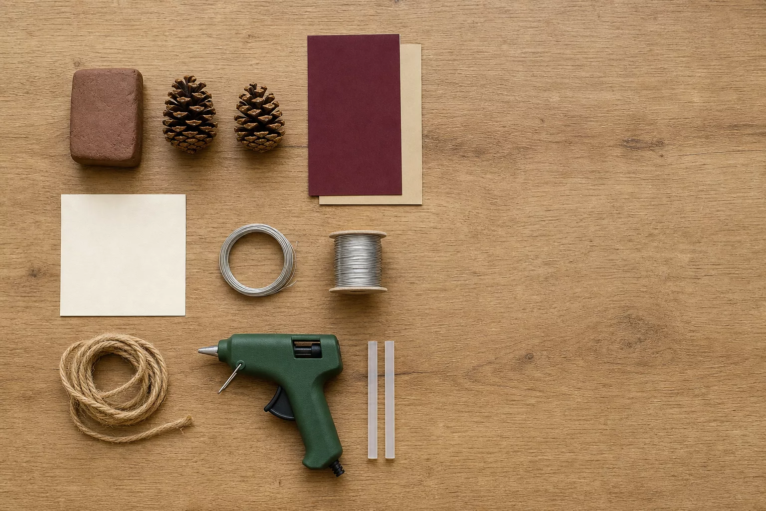 Acht Grundmaterialien für Weihnachtsbastelideen: Ton, Zapfen, Papier, Draht