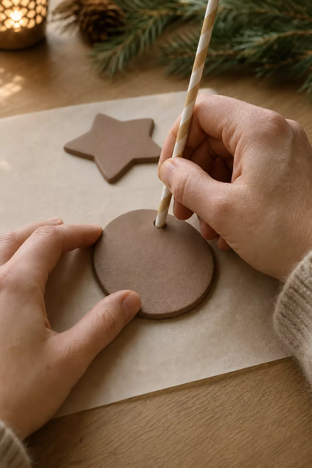 Hände formen einen Ton-Anhänger für selbst gemachten Weihnachtsschmuck