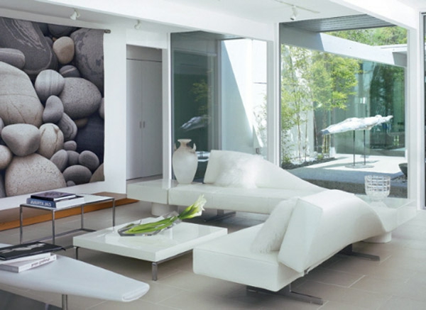 weiße-wohnzimmergestaltung- sofa in weiß mit extravaganter form