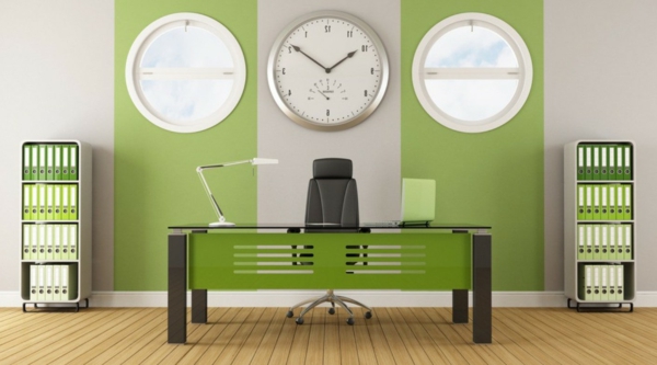 Farbbedeutung-Grün-modernes Design-im-Büro-mit-drei-Uhren