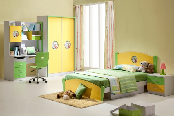 Kinderzimmer-Wohnideen-gelber-Kleiderschrank-grüne-akzente