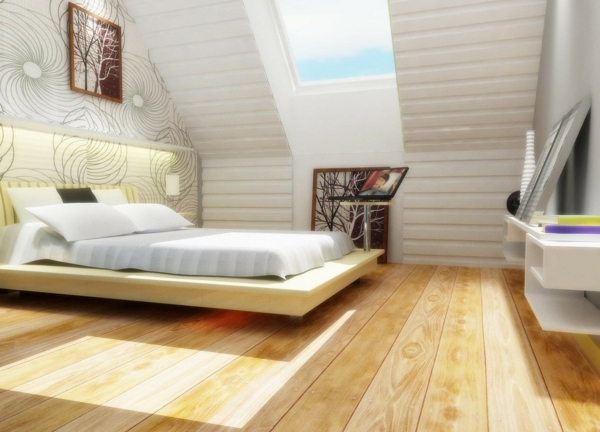 Wohnideen-Dachgeschoss-weißes-schlafzimmer-mit-holzboden-tapeten