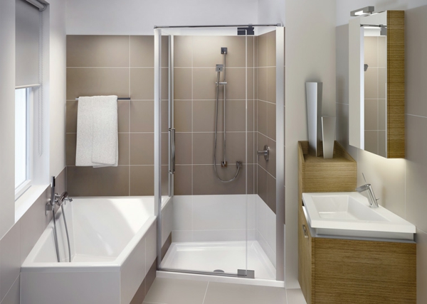 badezimmergestaltung-ideen-braune-fliesen-duschkabine-und-kleine-badewanne