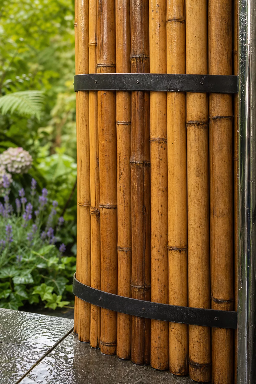 Bambusmatten-Sichtschutz nah an der Gartendusche im Detail