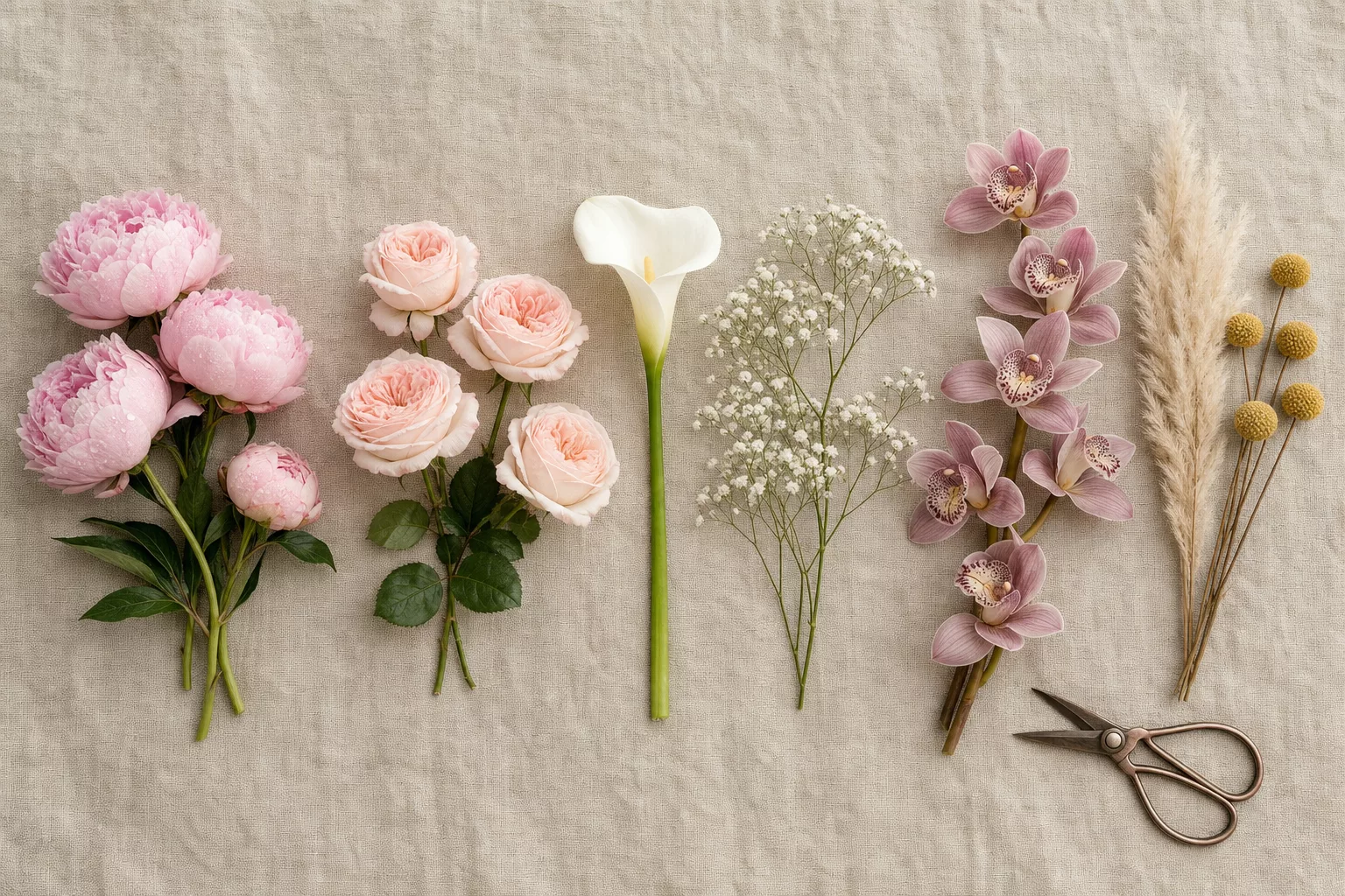 Blütenmix aus Pfingstrosen, Rosen, Calla und Schleierkraut